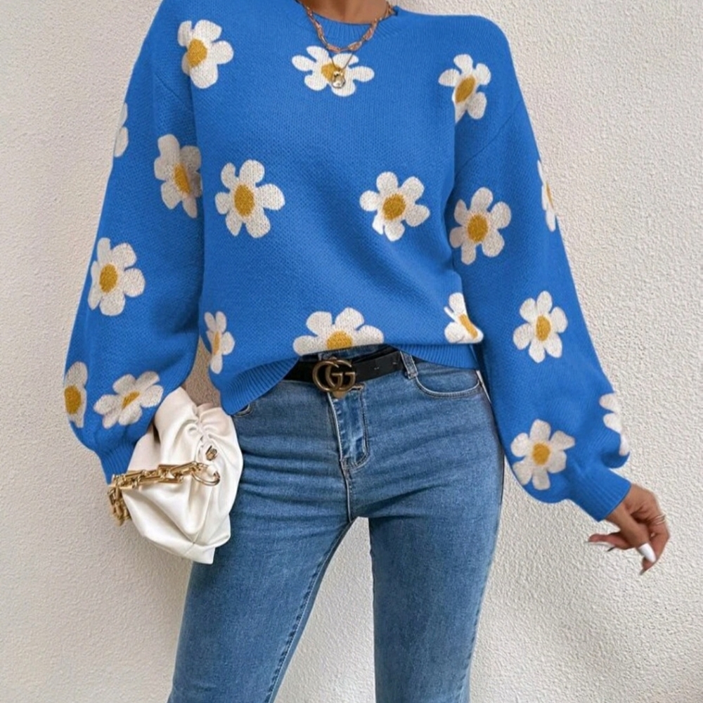 Floral Pattern Drop Shoulder Sweater Blouse - Picture 1 of 7